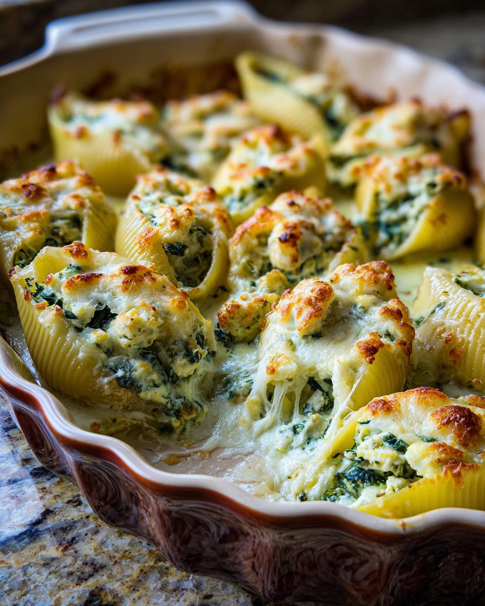 Close-up of baked chicken and spinach stuffed shells with melted cheese in a baking dish