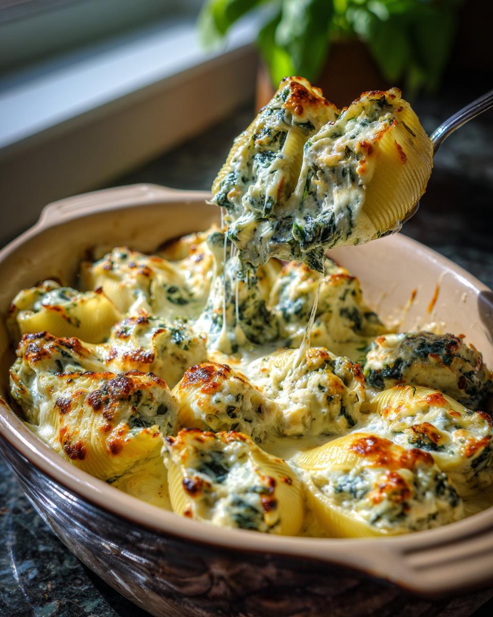 Cheesy baked chicken and spinach stuffed shells being lifted from a casserole dish with melted cheese stretching