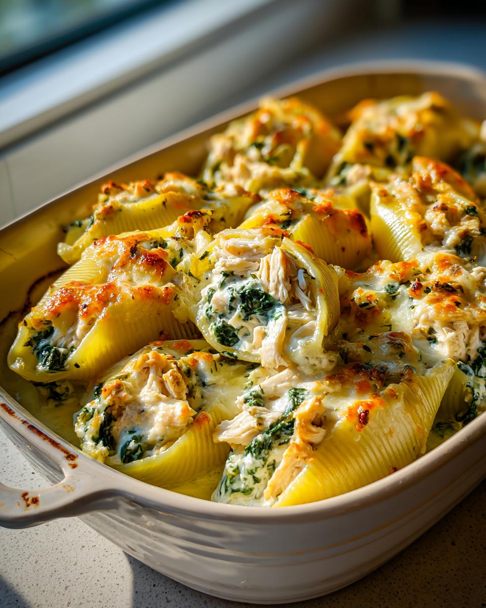 Casserole dish filled with baked chicken and spinach stuffed shells topped with melted cheese
