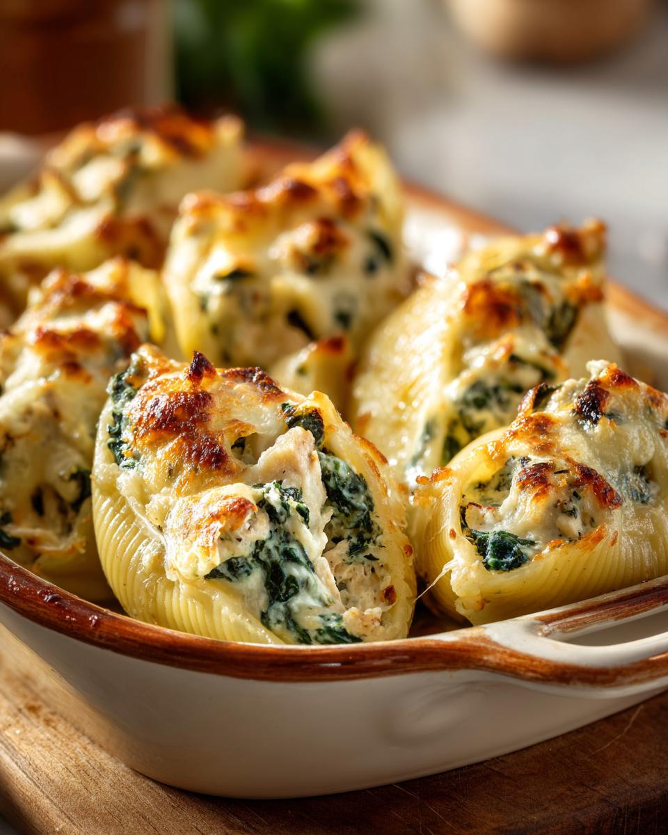 Close-up of baked chicken and spinach stuffed shells with melted cheese in a casserole dish.