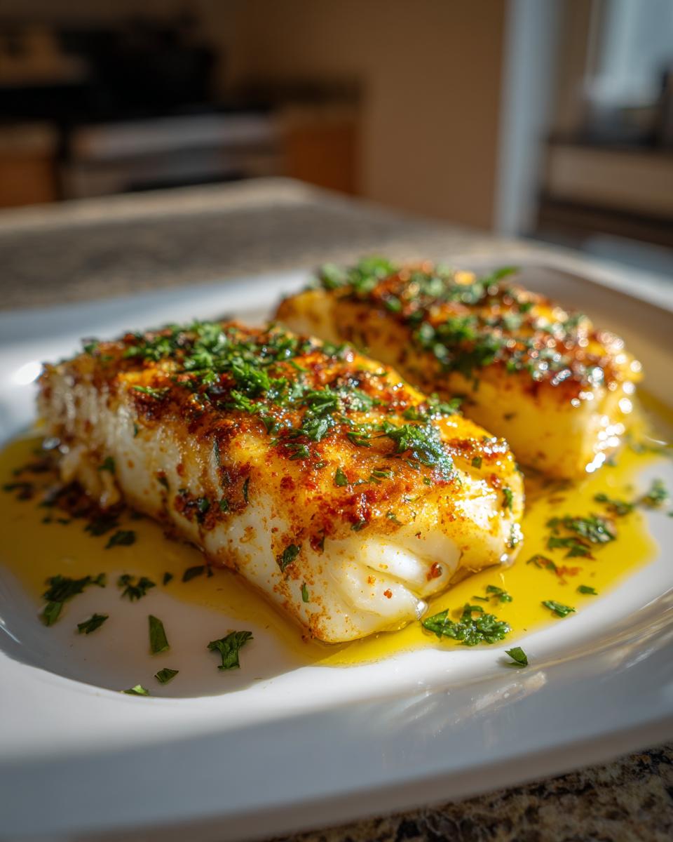Two pieces of baked cod garnished with herbs and served with butter sauce on a white plate.