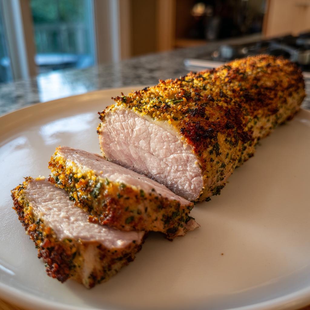 Close-up of sliced baked herb crusted pork tenderloin with golden crust on a white plate.