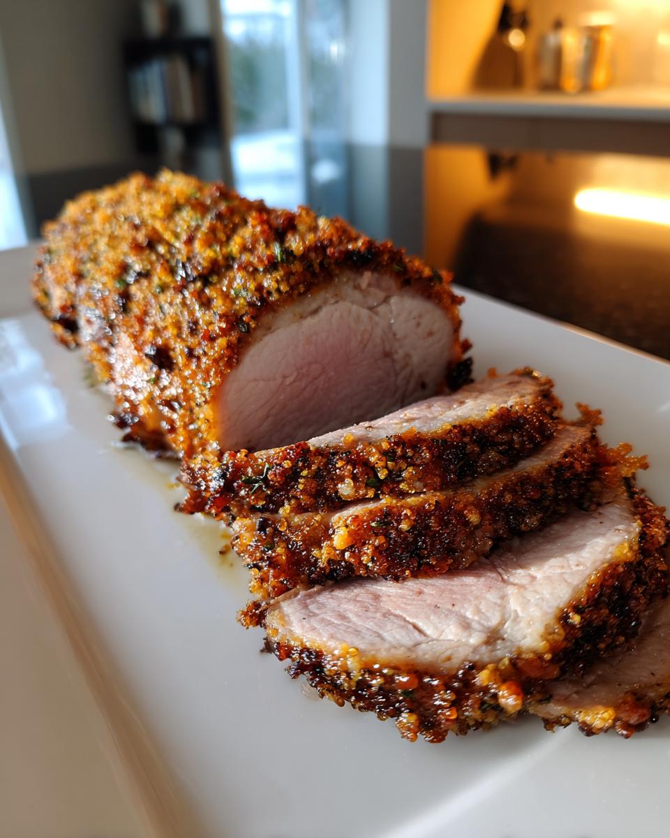Close-up of sliced baked herb crusted pork tenderloin with golden crust on white plate.