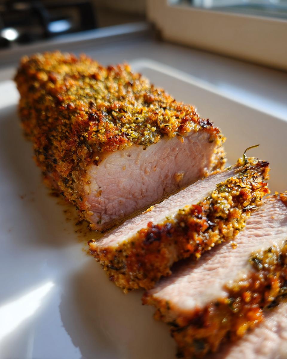 Close-up of baked herb crusted pork tenderloin sliced on a white plate.