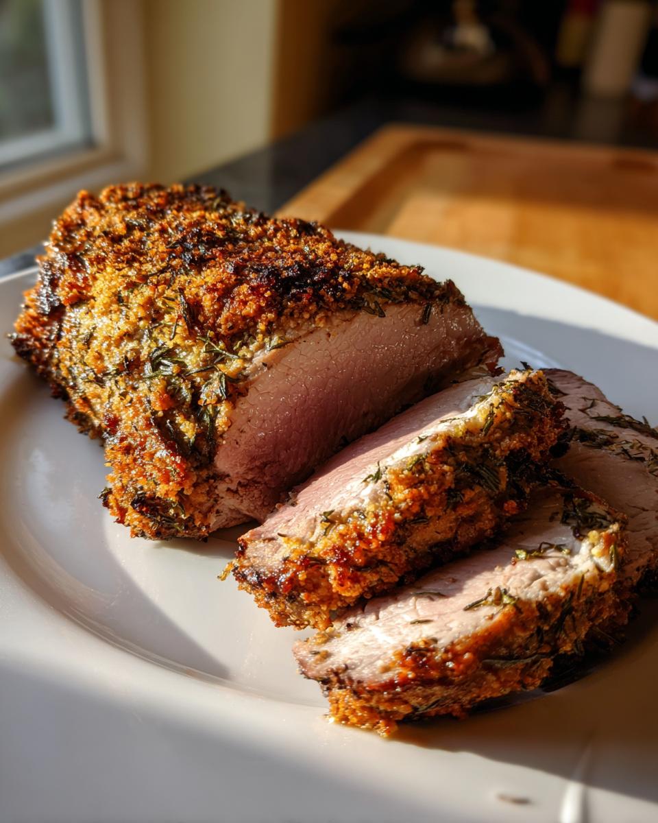 Sliced baked herb crusted pork tenderloin on white plate with golden crust and herbs.