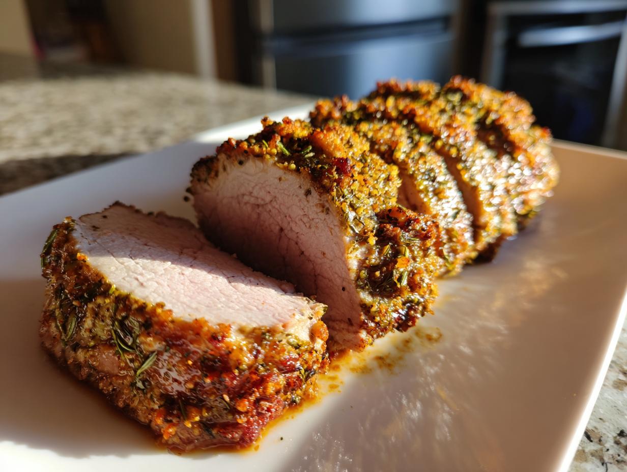 Sliced baked herb crusted pork tenderloin with golden herb crust on a white plate.