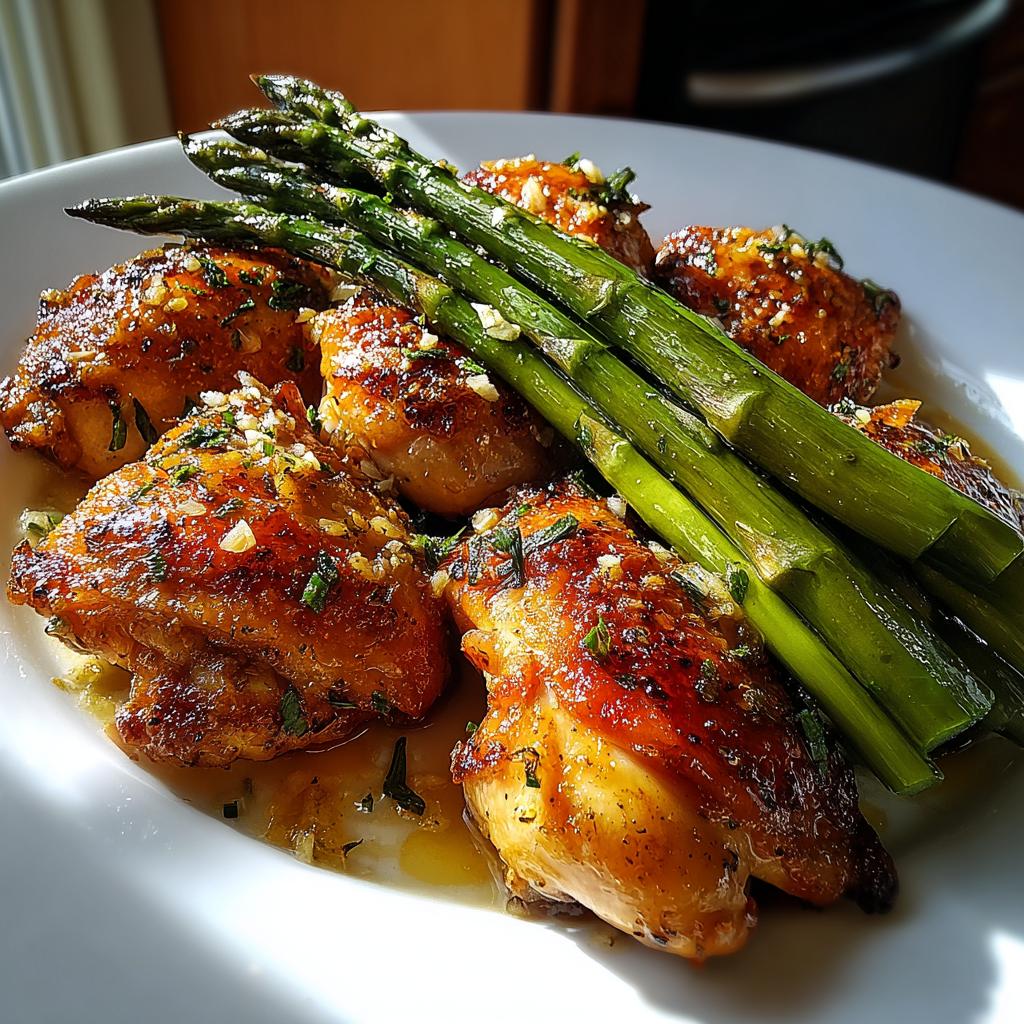 Close-up of baked lemon garlic chicken thighs served with roasted asparagus on a white plate.