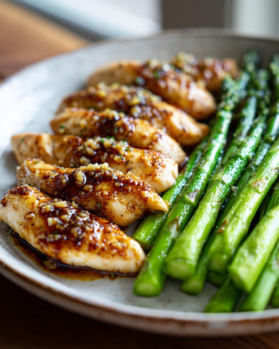 Close-up of baked lemon garlic chicken breasts with asparagus on a plate.