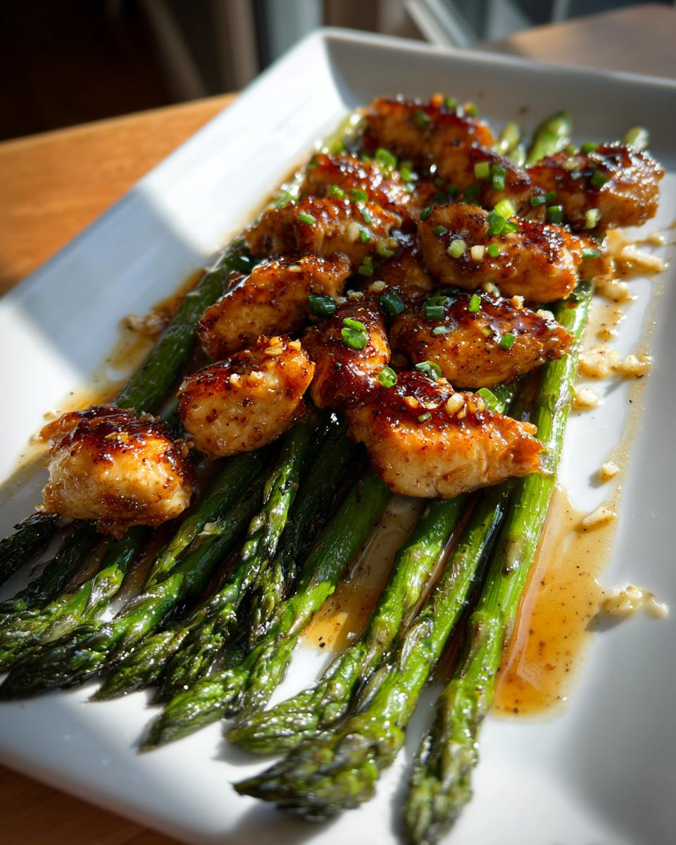 Close-up of baked lemon garlic chicken pieces on a bed of roasted asparagus spears.