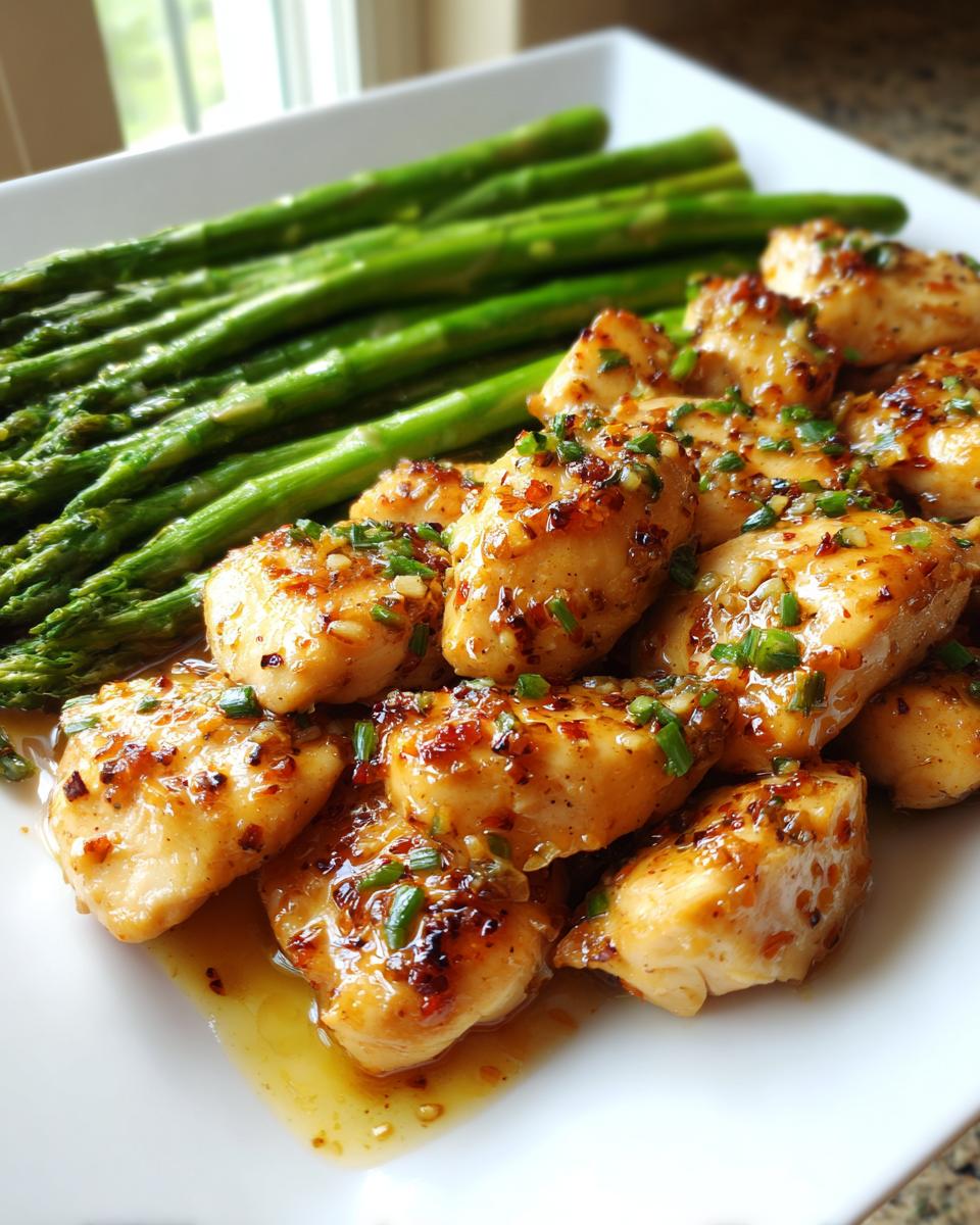 Close-up of baked lemon garlic chicken pieces with fresh asparagus on white plate.