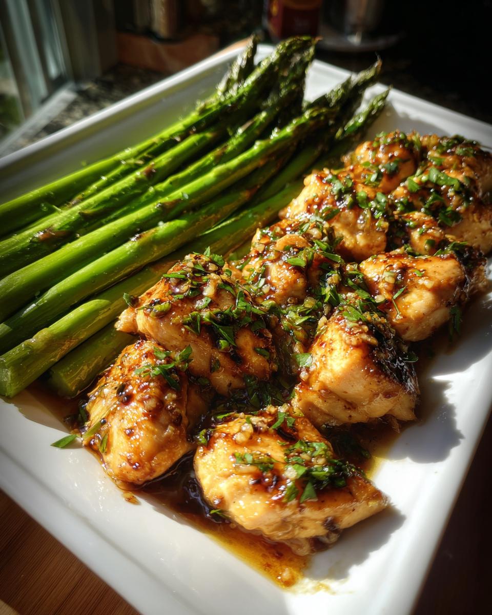 Baked lemon garlic chicken pieces with fresh steamed asparagus on a white plate
