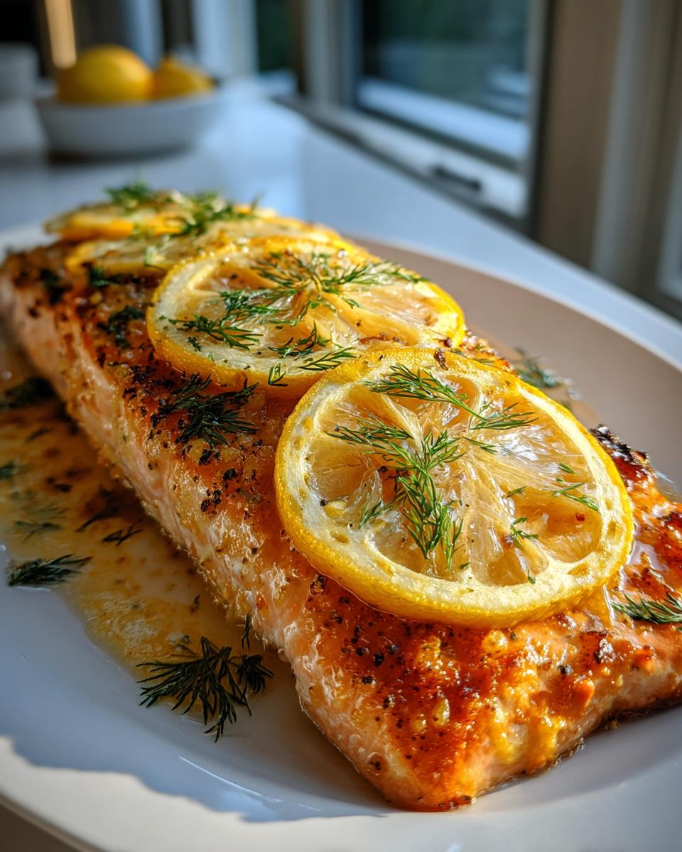 Golden baked lemon salmon fillet topped with lemon slices and fresh dill on white plate