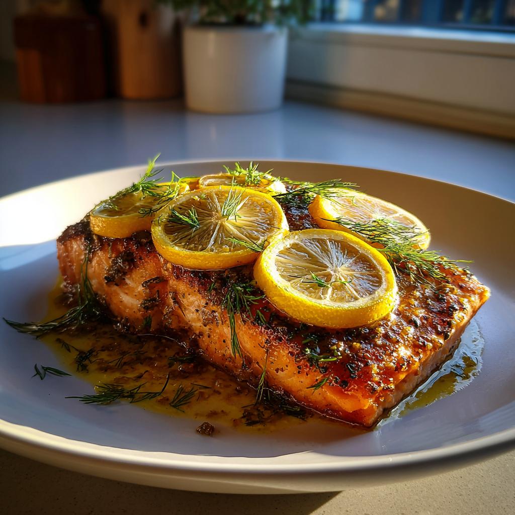 Close-up of baked lemon salmon topped with lemon slices and fresh dill on a white plate.