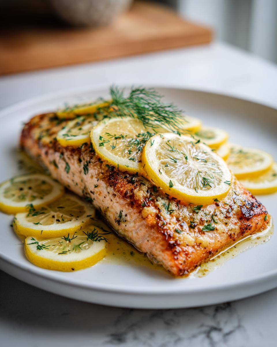 A fillet of baked lemon salmon garnished with lemon slices and fresh dill on a white plate.