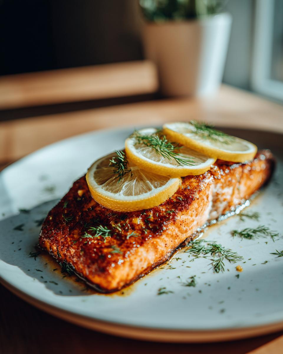 Close-up of baked lemon salmon topped with lemon slices and fresh herbs on a white plate.