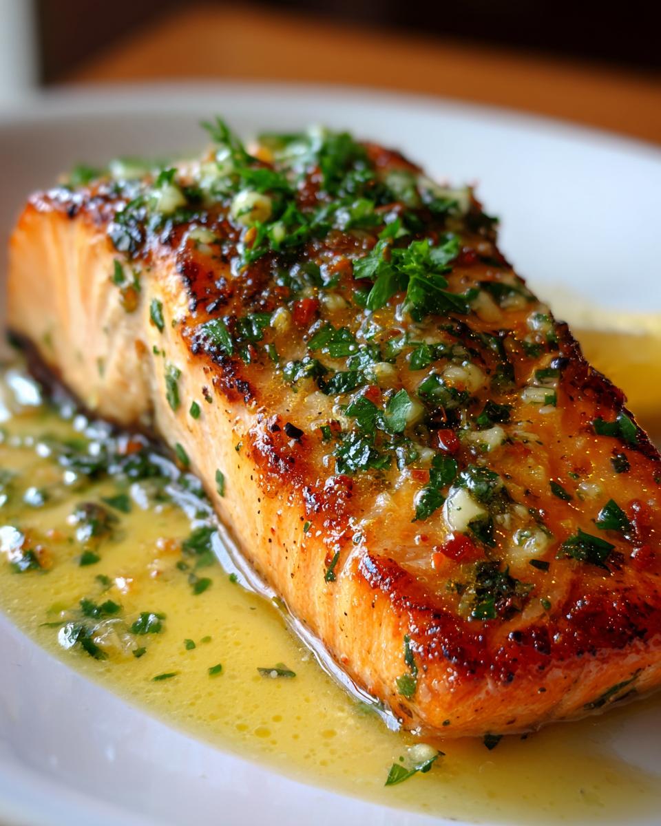 Close-up of baked salmon with garlic butter sauce garnished with fresh herbs on a white plate.