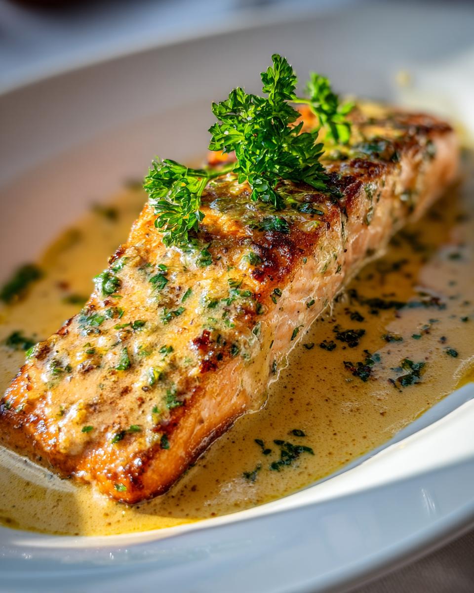 A piece of baked salmon with garlic butter sauce and fresh parsley on top in a white dish.