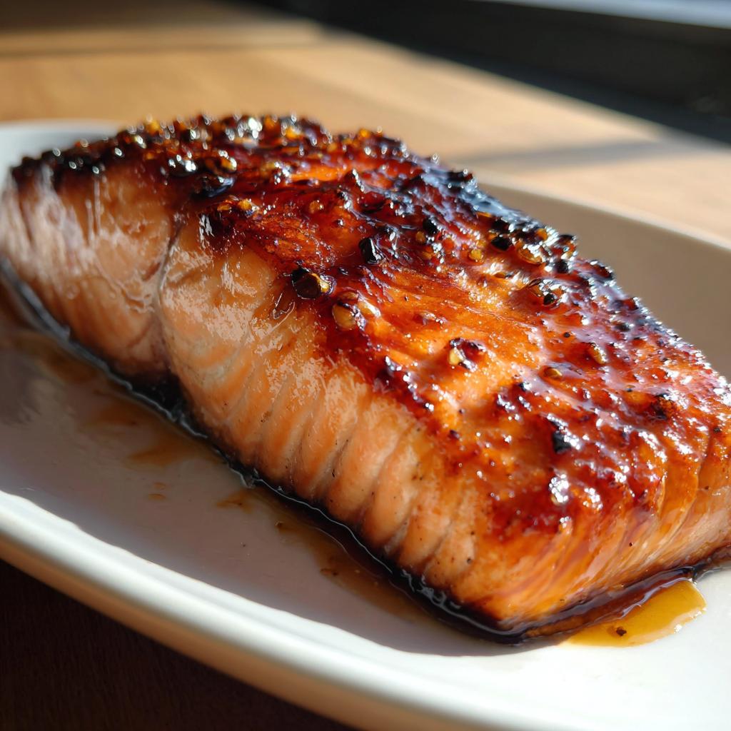 A close-up image of baked salmon with honey garlic glaze, showing a glossy, caramelized surface.
