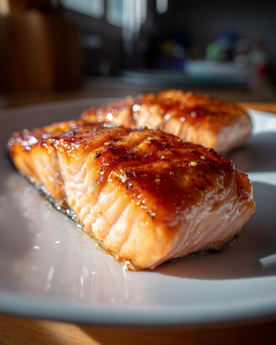Two pieces of baked salmon with honey garlic glaze on a white plate in natural light.