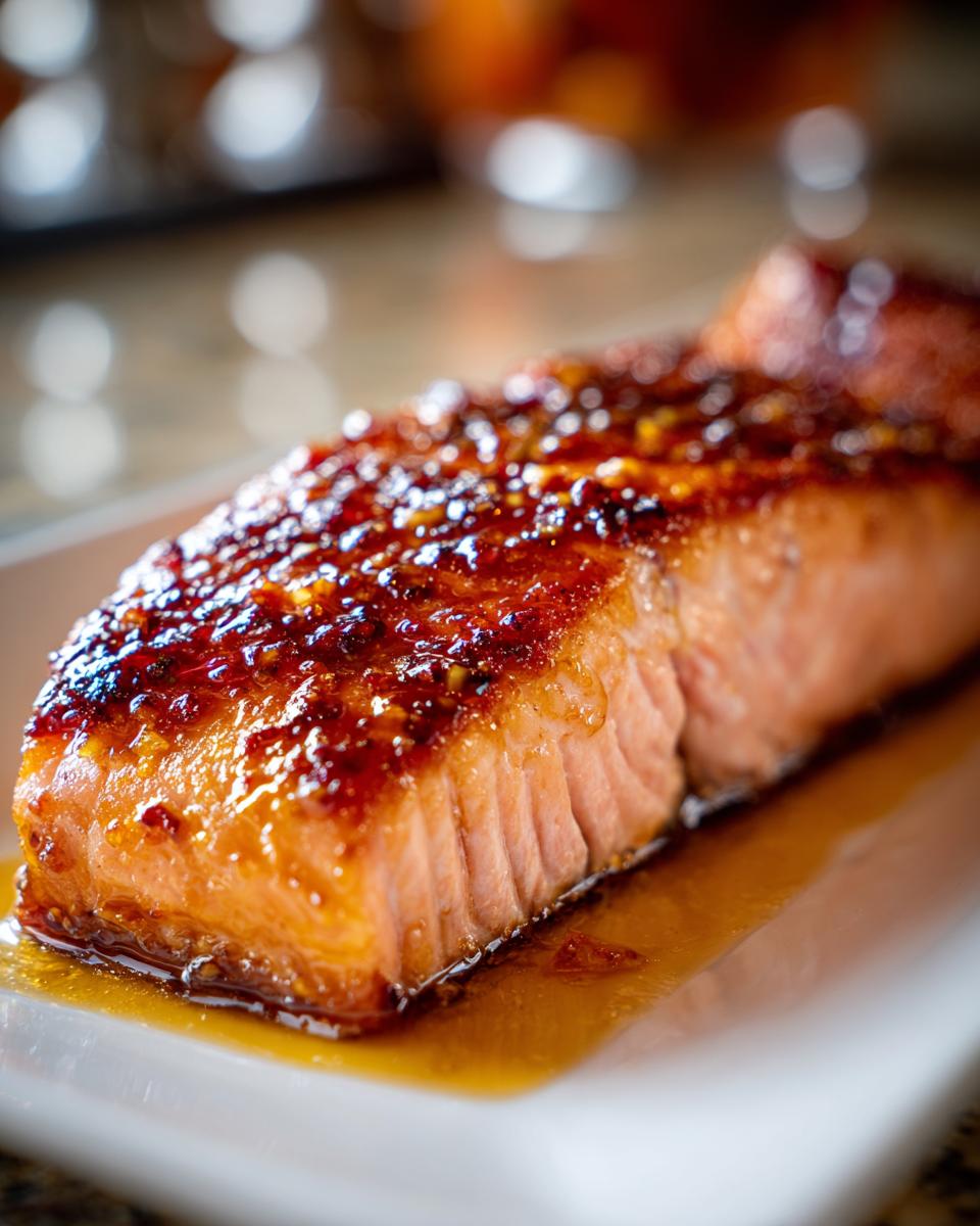 Close-up of a perfectly baked salmon with honey garlic glaze on a white plate.