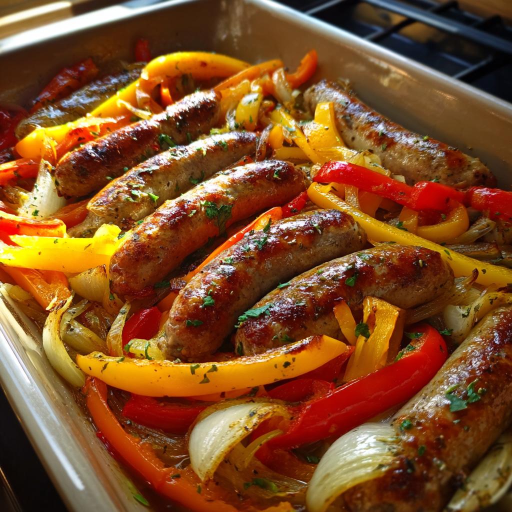 Close-up of baked sausage and peppers with onions cooked to golden brown in a baking dish.