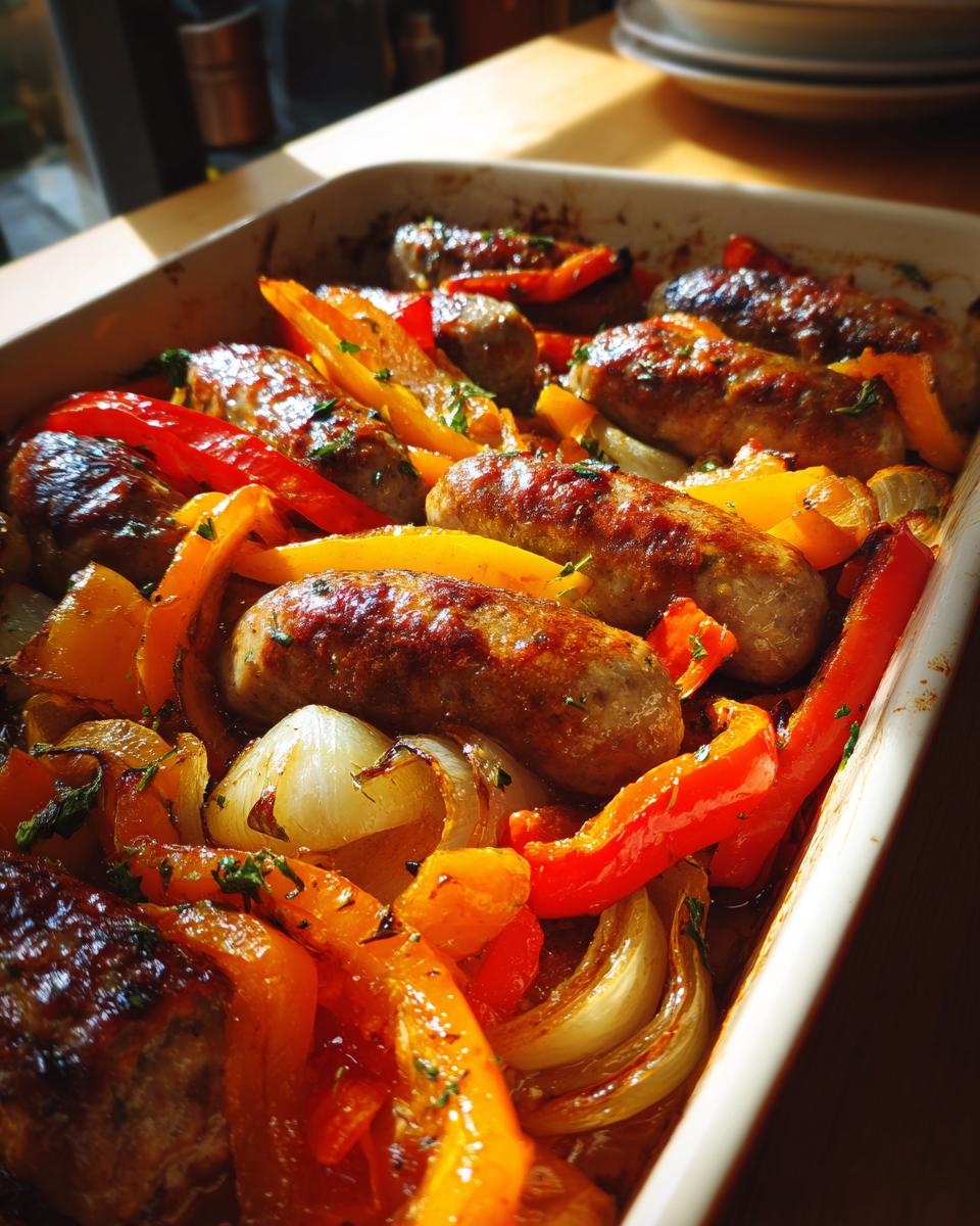 Baked sausage and peppers with onions in a pan, showing browned sausage and colorful peppers.