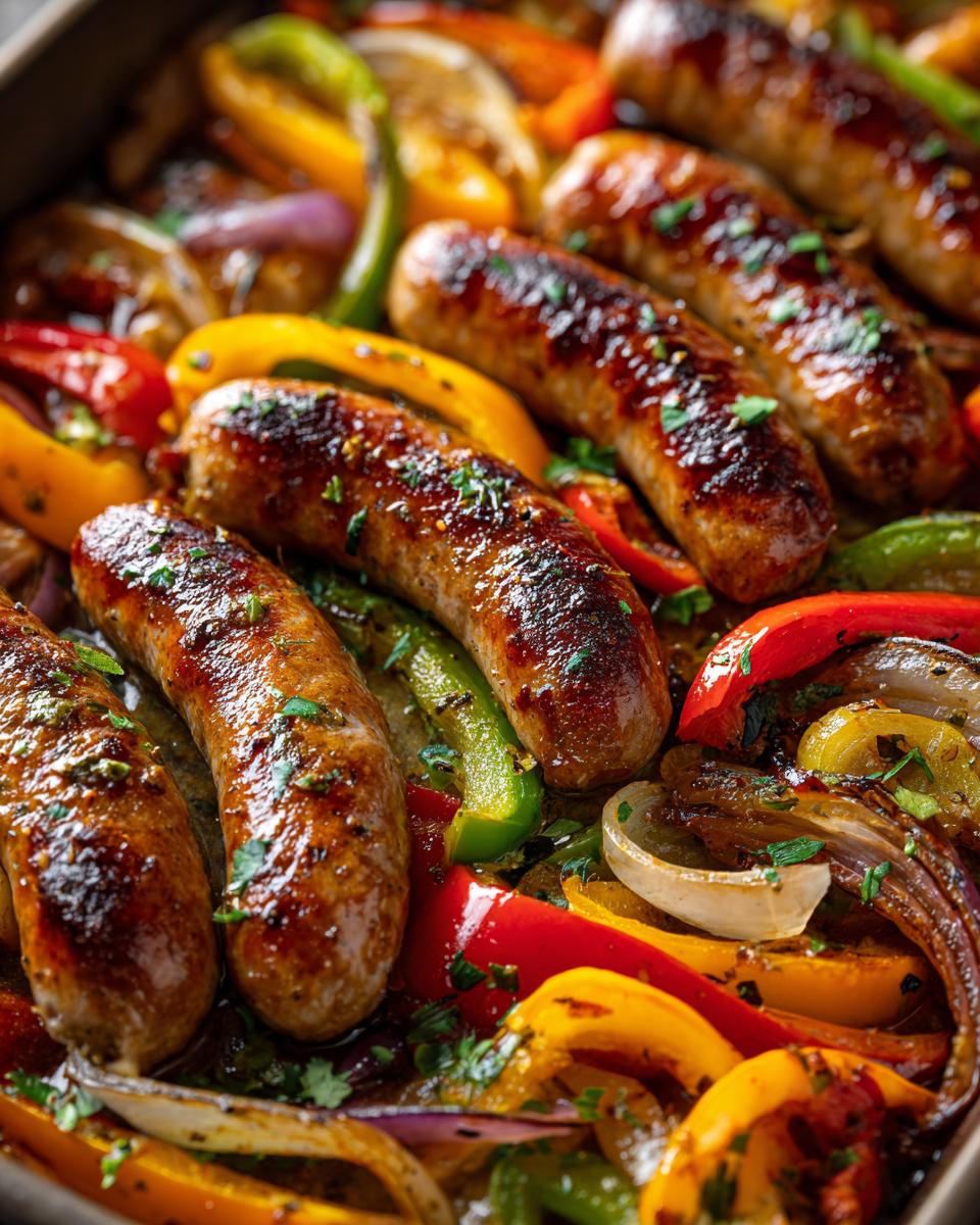 Close-up of baked sausage and peppers with onions, showcasing browned sausages and colorful roasted vegetables.