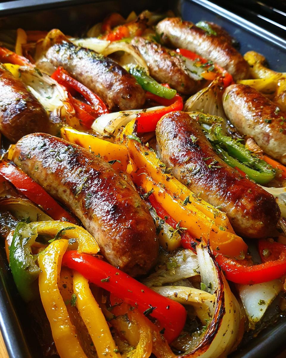 Tray of baked sausage and peppers with onions, showing golden brown sausages and colorful peppers