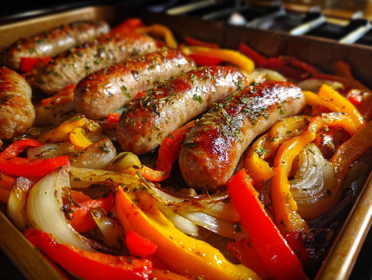 Tray of baked sausage and peppers with onions cooked to golden brown and garnished with herbs