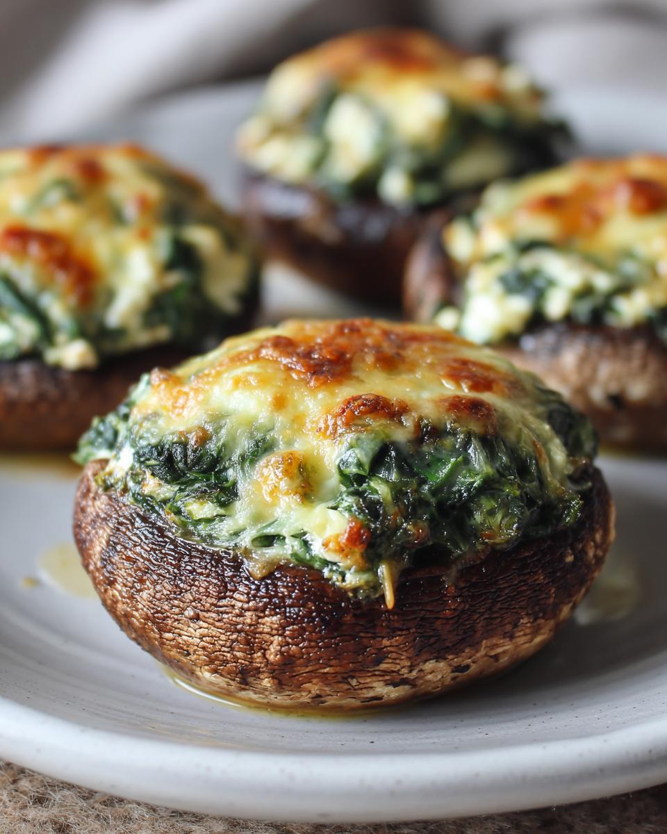 Close-up of baked spinach and feta stuffed portobello mushrooms on a white plate.