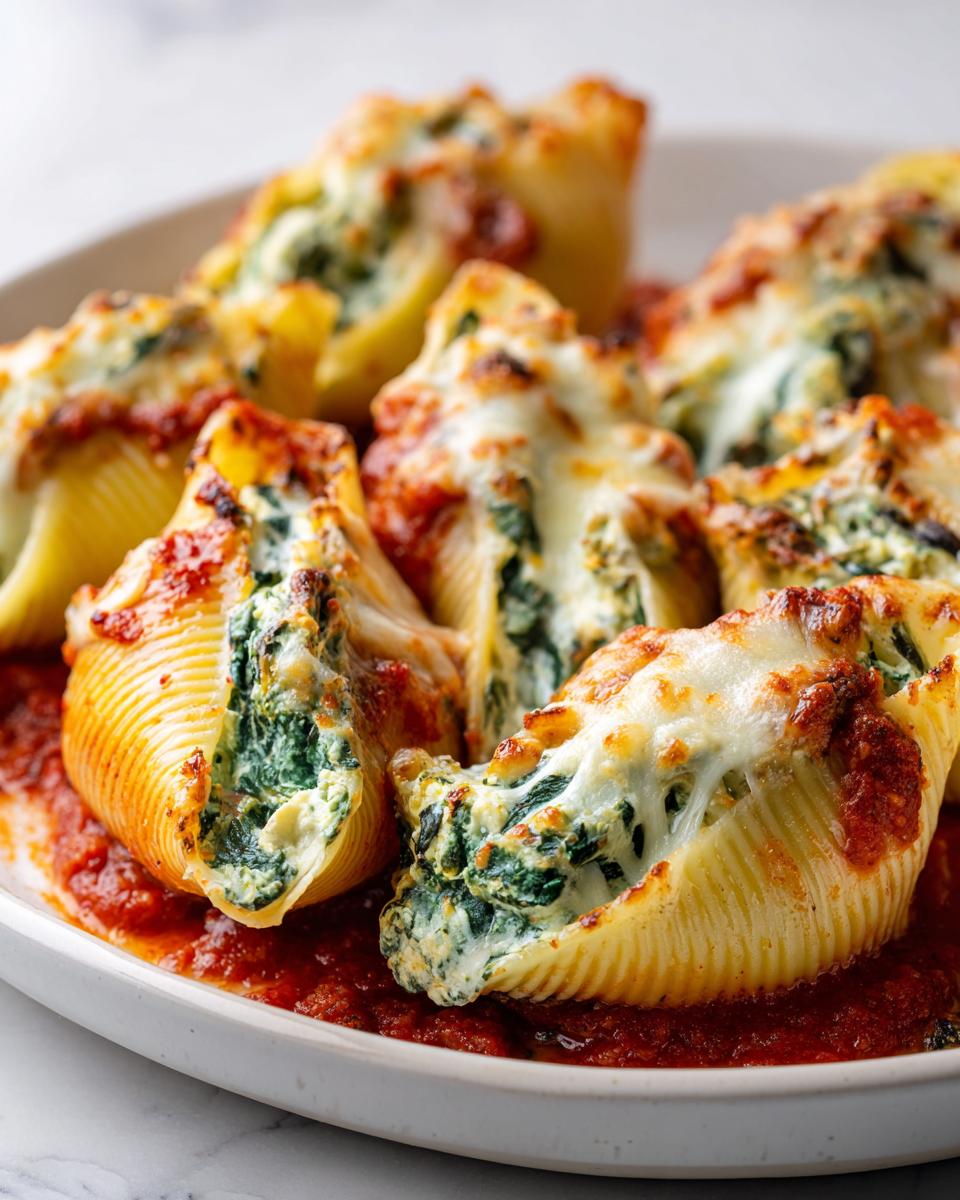 Close-up of baked spinach and ricotta stuffed shells topped with melted cheese on marinara sauce.