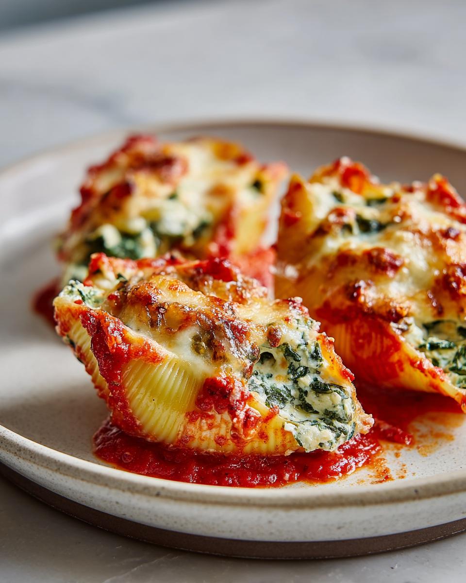 Three baked spinach and ricotta stuffed shells on a beige plate with tomato sauce and melted cheese.