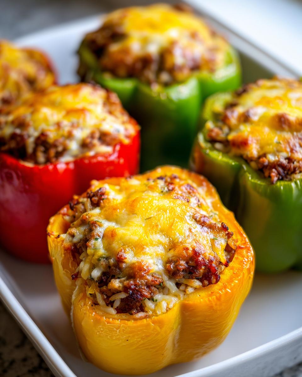 Baked stuffed bell peppers filled with rice, meat, and melted cheese in red, yellow, and green colors.