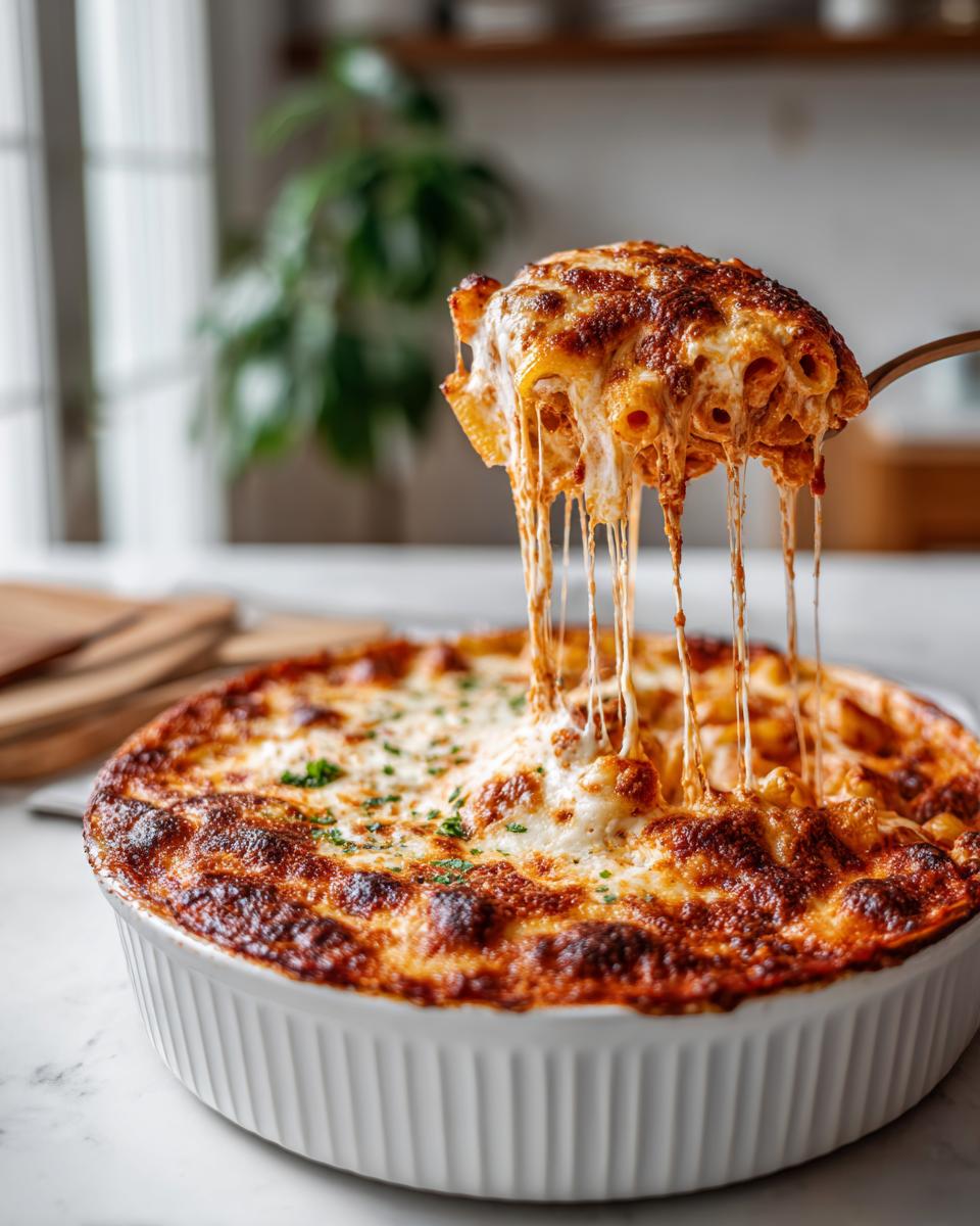 A scoop of baked three cheese ziti pasta with melted cheese stretching from the dish.