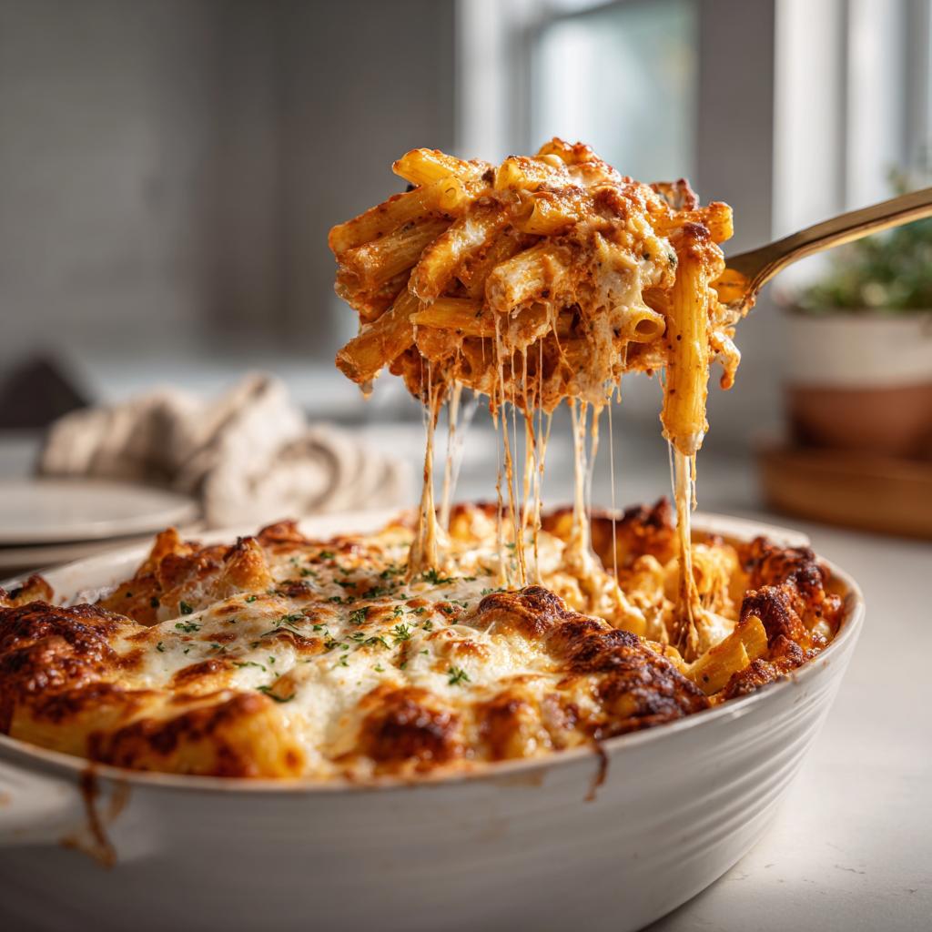 Spoon lifting cheesy baked three cheese ziti pasta with melted cheese stretching
