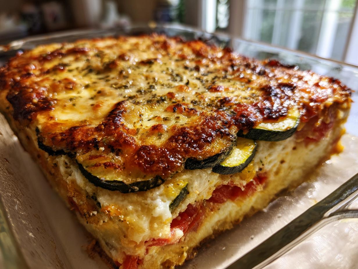 Close-up view of a baked zucchini and tomato parmesan gratin with a golden crust in a glass baking dish.