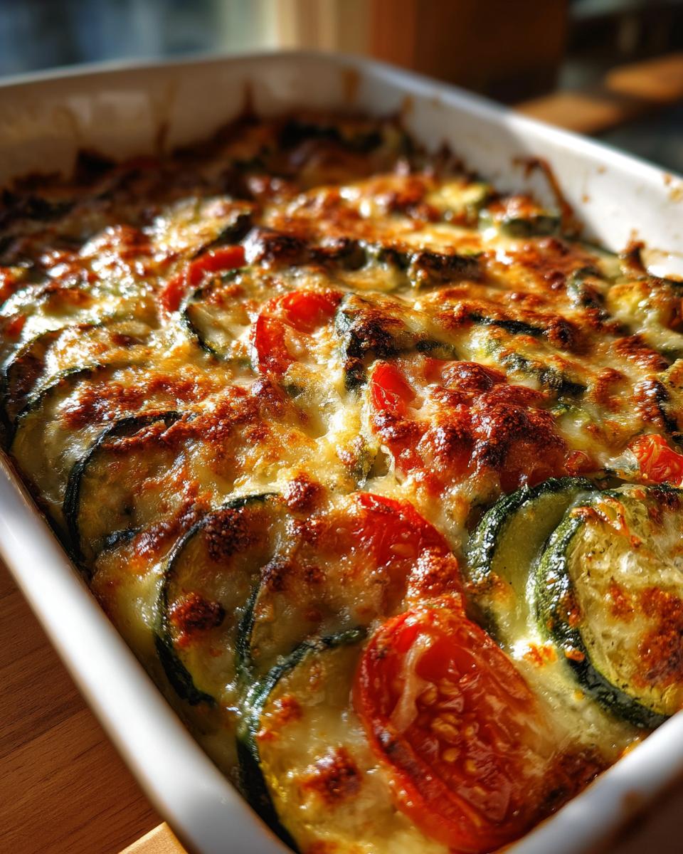 Close-up of golden baked zucchini and tomato parmesan gratin in a white baking dish.