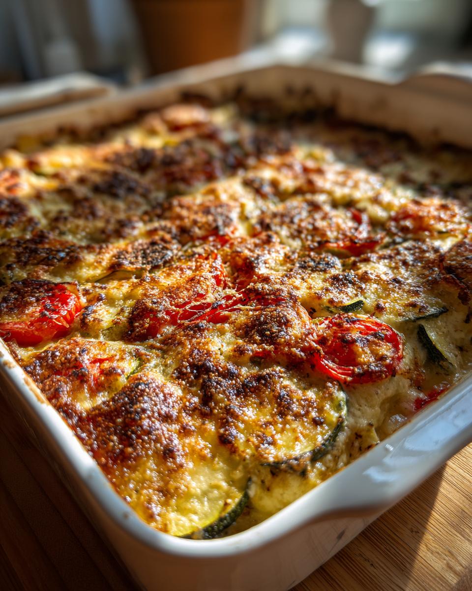 Close-up of baked zucchini and tomato parmesan gratin in a white ceramic dish