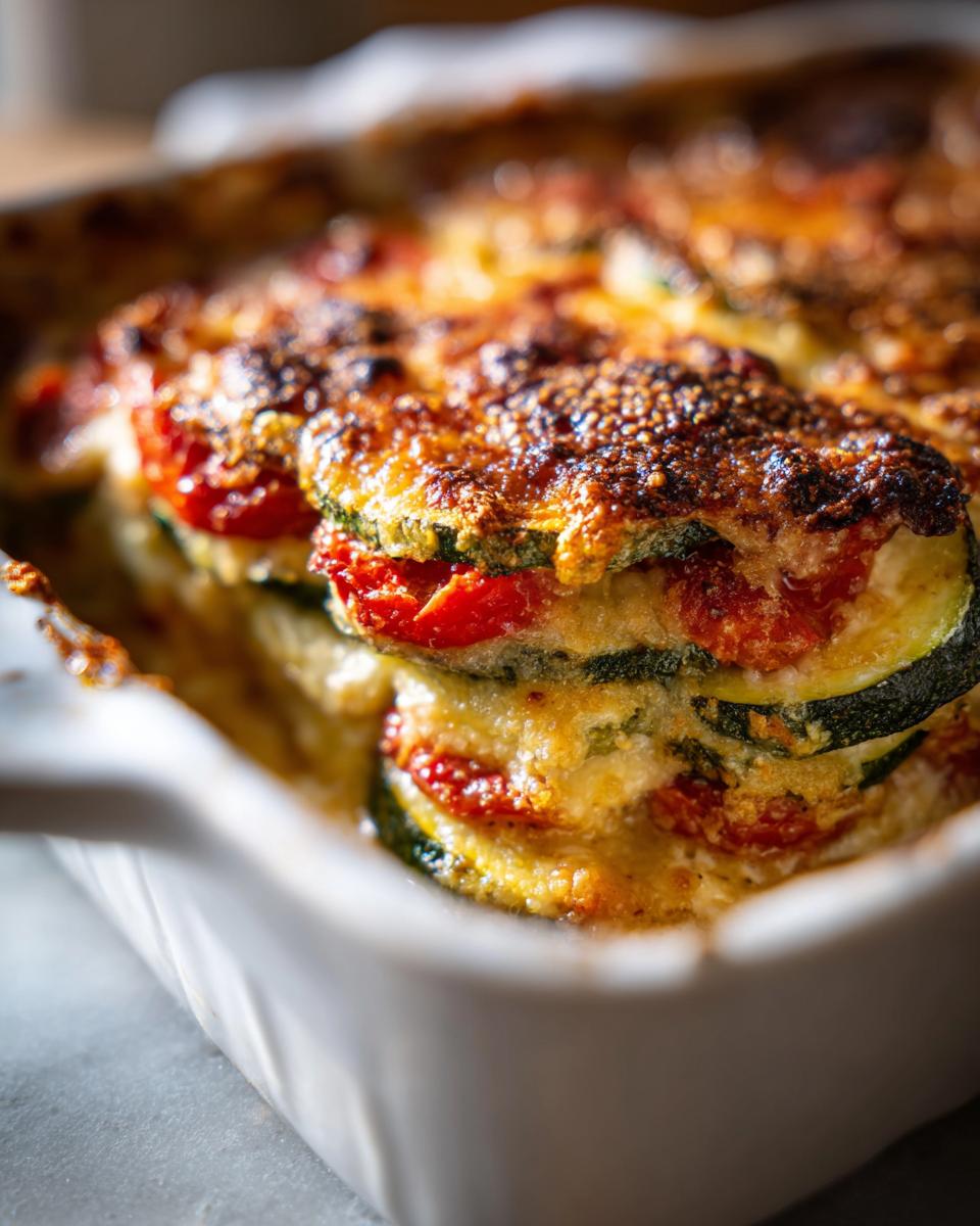 Close-up of baked zucchini and tomato parmesan gratin with golden brown melted cheese