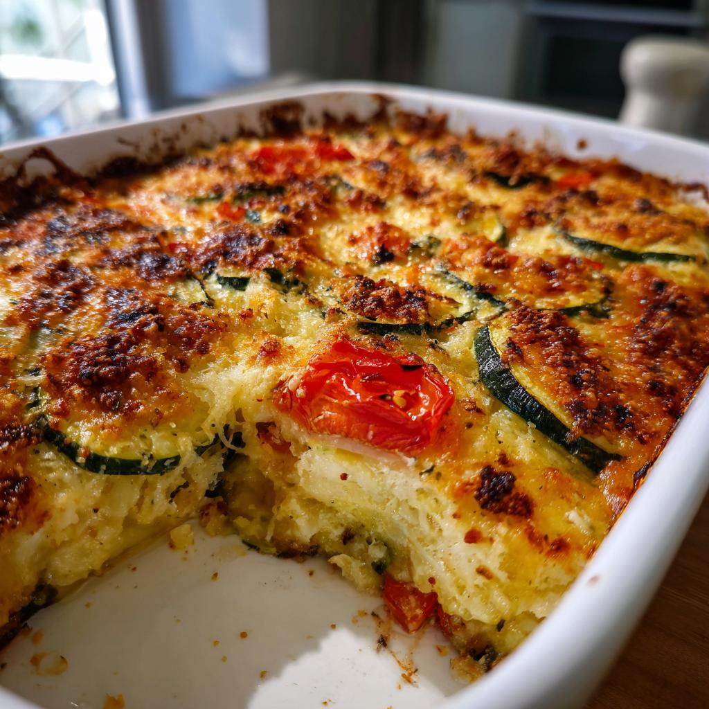Close-up of baked zucchini and tomato parmesan gratin with a golden crust in dish