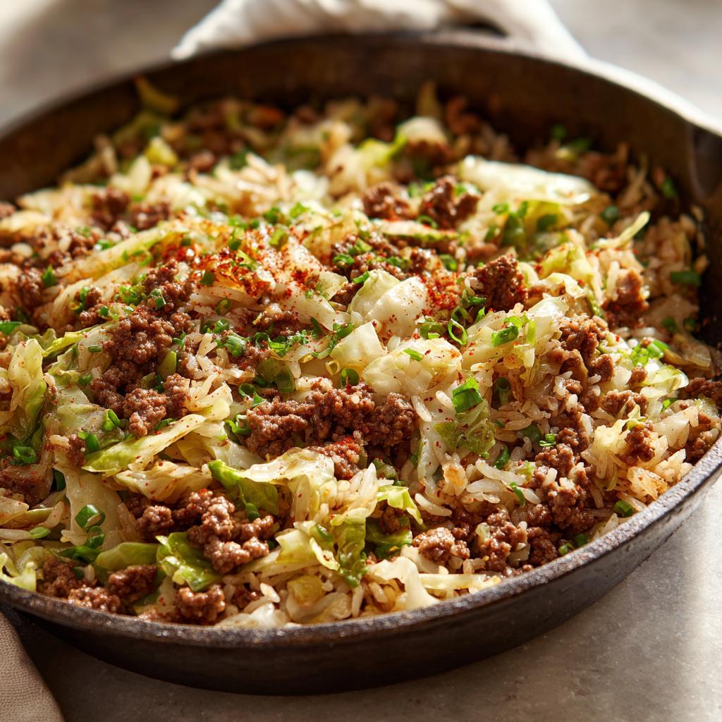 Close-up of beef and cabbage skillet dinner with rice in a black pan garnished with green herbs