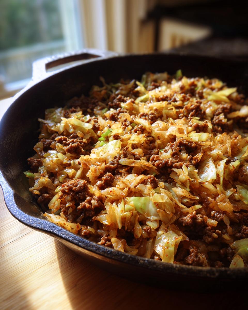 Close-up of beef and cabbage skillet dinner with browned ground beef and cooked cabbage in a cast iron skillet