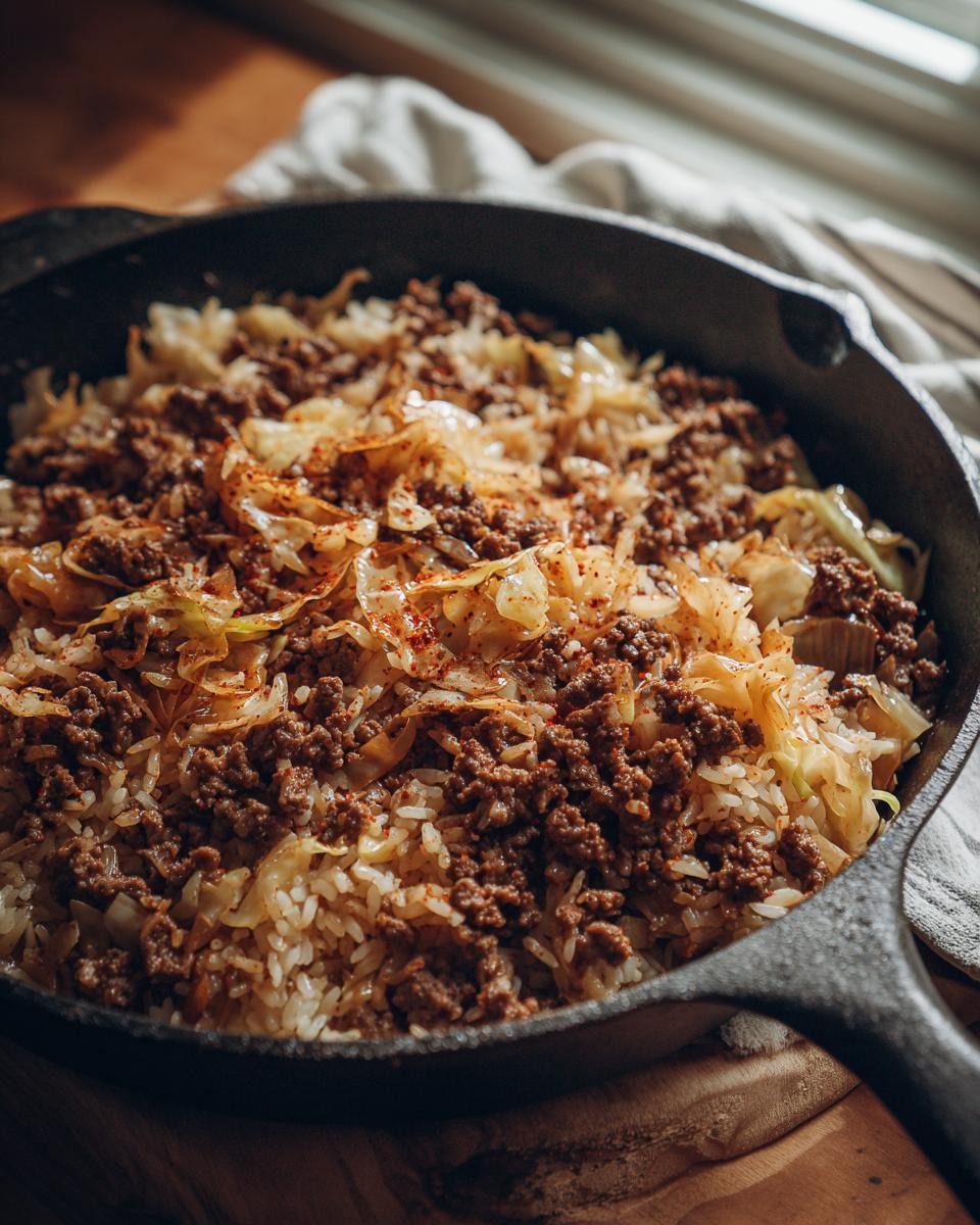 Close-up of beef and cabbage skillet dinner with rice in a cast iron pan.