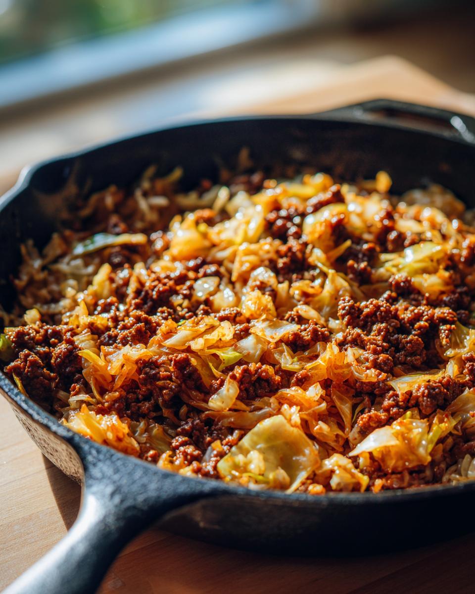 Close-up of a beef and cabbage skillet dinner with rice cooking in a cast iron pan.