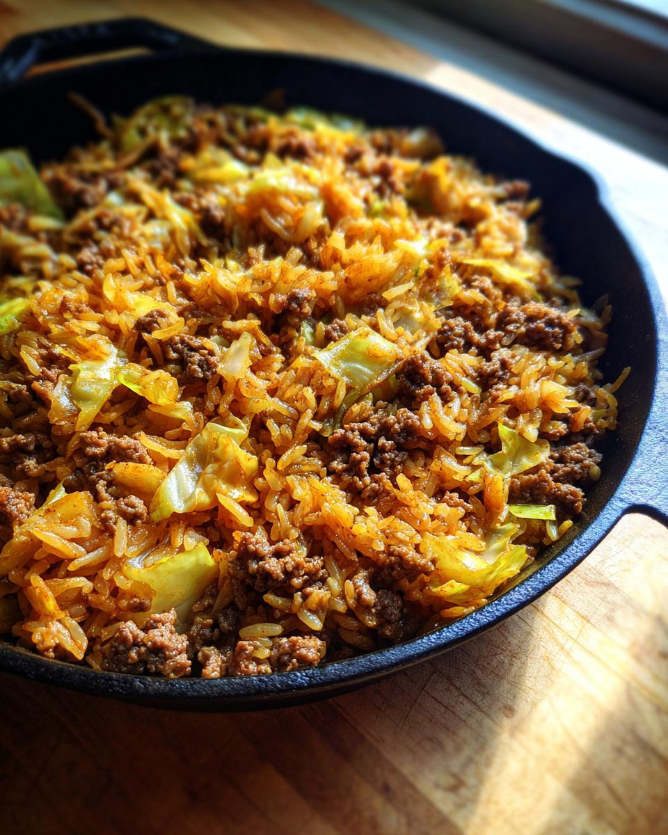 Close-up of beef and cabbage skillet dinner with rice cooked in a cast iron pan
