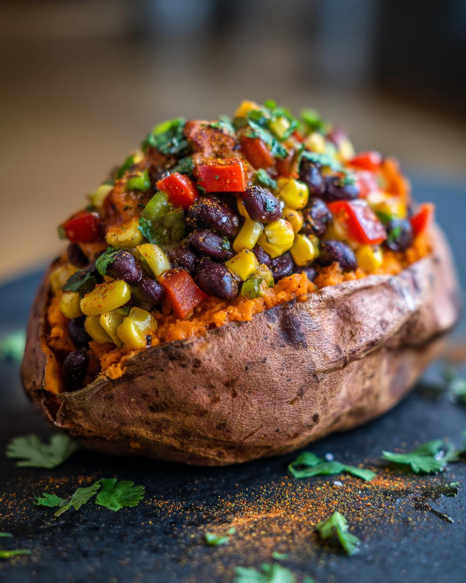 Close-up of a black bean and corn stuffed sweet potato garnished with herbs on dark surface.