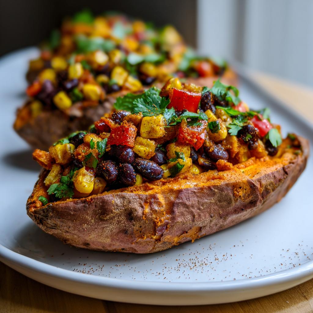 Two baked sweet potatoes stuffed with black bean and corn mixture garnished with cilantro.