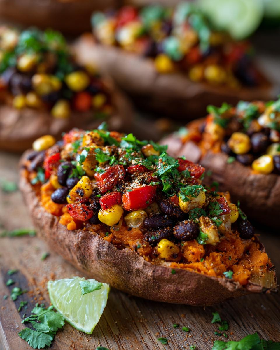 Close-up of black bean and corn stuffed sweet potatoes garnished with fresh herbs and lime wedge.