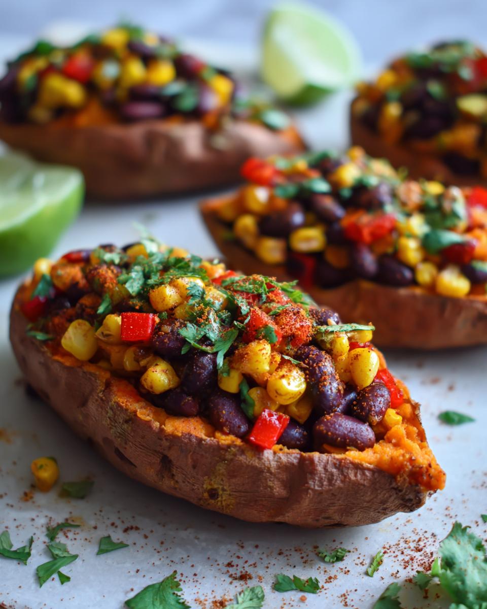 Close-up of black bean and corn stuffed sweet potatoes garnished with fresh herbs and spices.