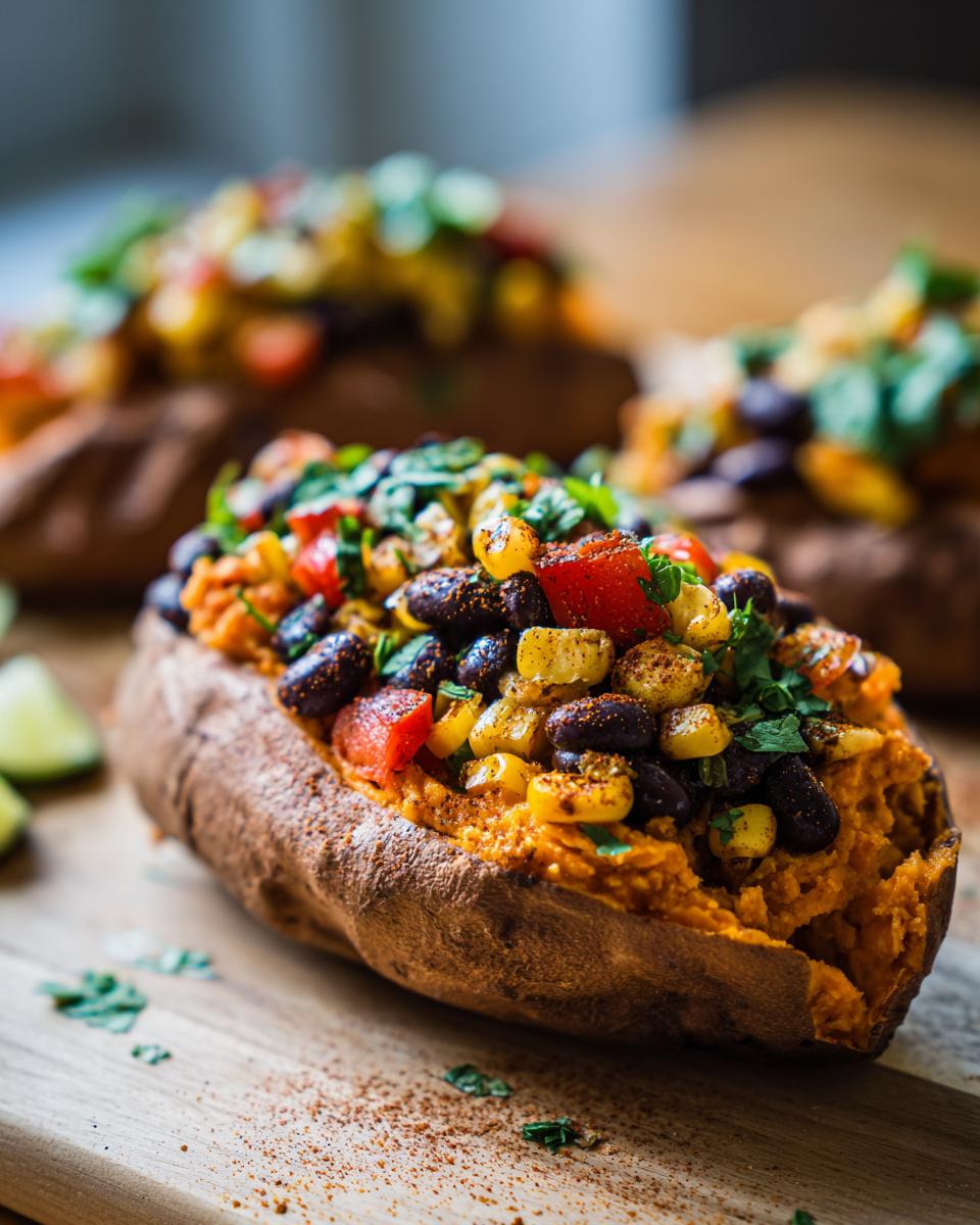 Close-up of black bean and corn stuffed sweet potatoes topped with herbs and spices.